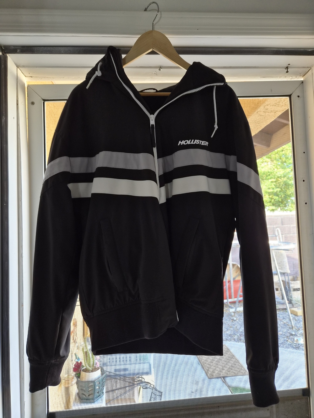 Hollister Black Hoodie Jacket with White Stripe Detail